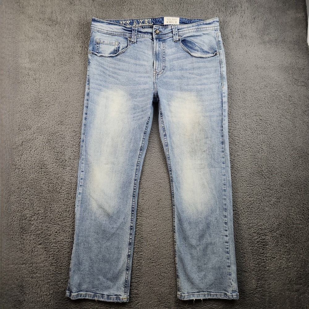 Y2K TK Axel Slim Boot Cut Jeans Men 38x32 Blue Denim Embroidered Pocket Distress
